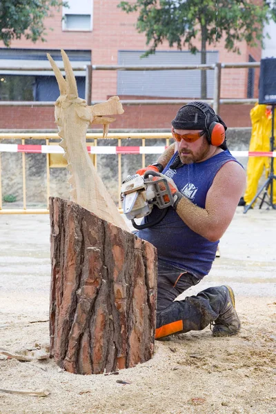 Wood Sculpture Competition Chainsaw July 2019 Alella Barcelona Spain — Stock Photo, Image