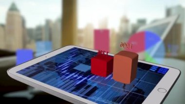 İşadamı ofiste dizüstü bilgisayar kullanıyor. Tablet ekranında iş grafiği veya grafiği