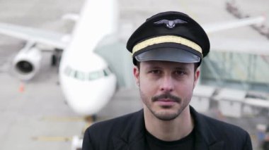 Genç erkek pilot havaalanında poz veriyor.