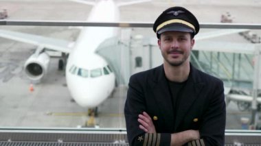 Genç erkek pilot havaalanında poz veriyor.