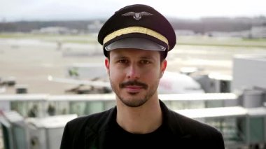 Genç erkek pilot, karlı havada havaalanında poz veriyor.