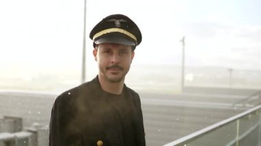 Genç erkek pilot, karlı havada havaalanında poz veriyor.