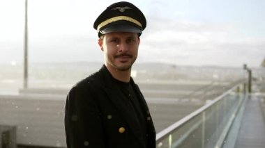 Genç erkek pilot, karlı havada havaalanında poz veriyor.