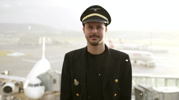 Young Male Pilot Posing Airport Snowy Weather — Stock Video