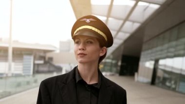 Güzel kadın pilot havaalanında yürüyor 