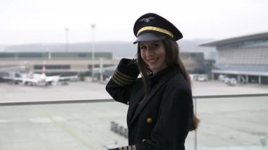 Güzel kadın pilot havaalanında yürüyor 