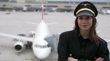 Güzel kadın pilot havaalanında poz veriyor