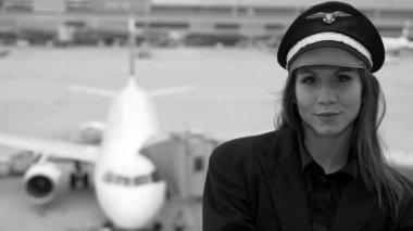 Güzel kadın pilot havaalanında poz veriyor. Siyah beyaz ton