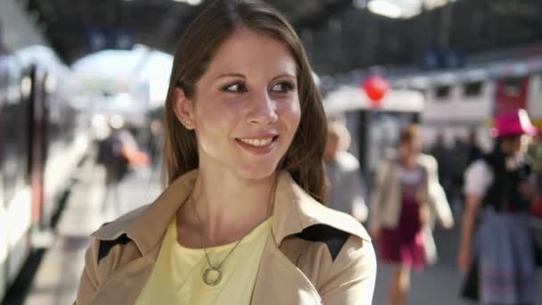 Portrait Beautiful Young Girl Railway Station — Stock Video