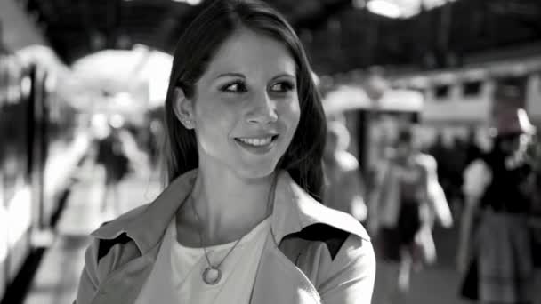 Portrait Beautiful Young Girl Railway Station Black White Tone — Stock Video