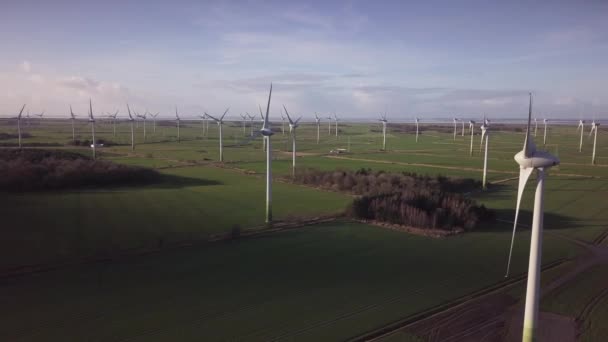 Turbina eólica desde la vista aérea - Desarrollo sostenible, respetuoso con el medio ambiente. Molinos de viento durante el brillante día de verano . — Vídeos de Stock