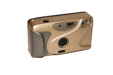 Retro kamera. Film kamerası. Eski teknik modeli. Beyaz arka plan üzerinde. İzole. Açıklayıcı yazı işleri.