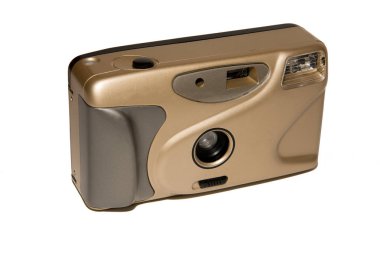 Retro kamera. Film kamerası. Eski teknik modeli. Beyaz arka plan üzerinde. İzole. Açıklayıcı yazı işleri.