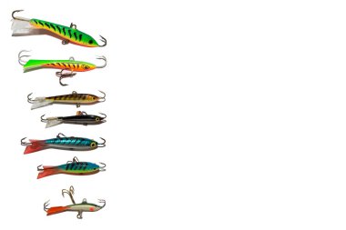 Winter fishing lures. Fishing balancers. Isolated. On white background. Illustrative editorial.