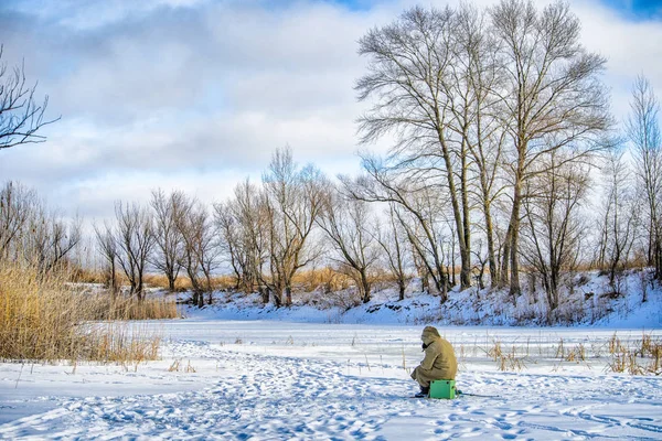 Frosty Winter Morning Pond Fisherman Ice Winter Fishing — Stock Photo, Image