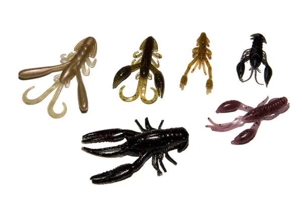 Silicone Fishing Lures Artificial Crustaceans Fishing Colorful Baits Isolated White — Stock Photo, Image