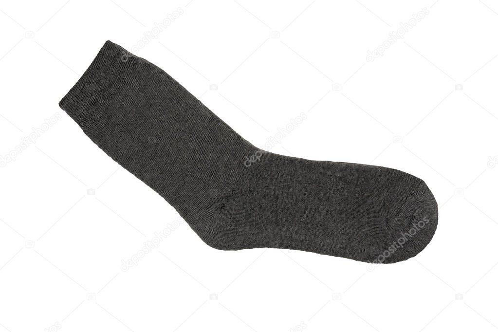 Socks. Natural wool sock. Warm grey sock. Sock with a label. Burning price. A sock on a white background. Isolated.