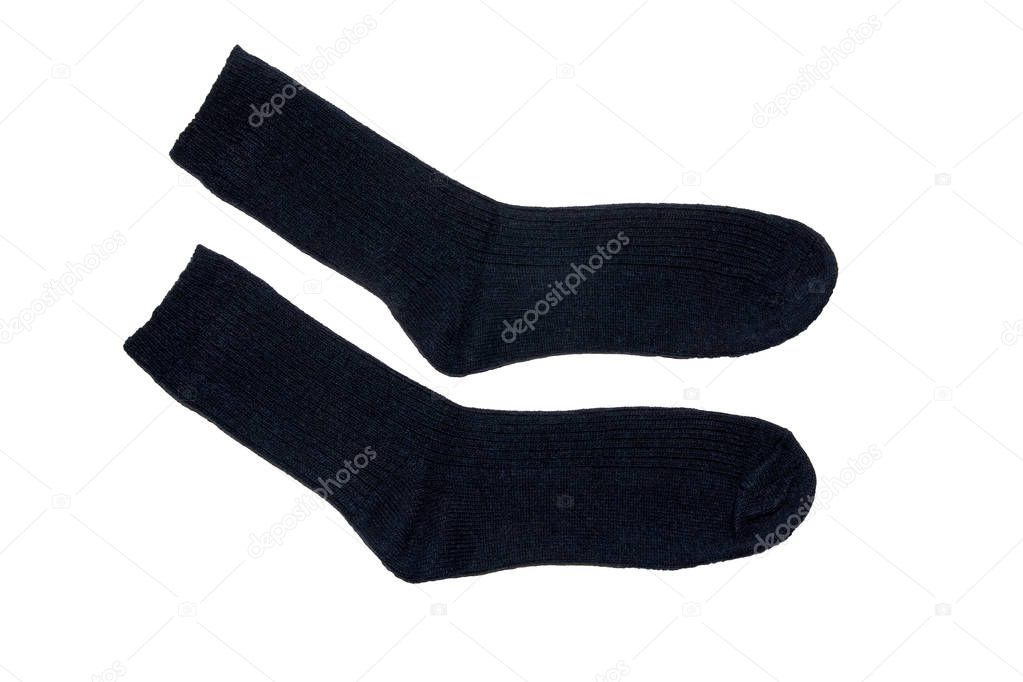 Pair of warm socks. Socks with label. Burning price. Natural cotton. Socks on white background. Isolated.