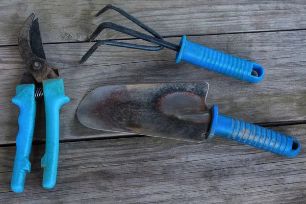 Tuinders Handgereedschap Hark Schop Pruner Tuingereedschap Een Houten Tafel — Stockfoto