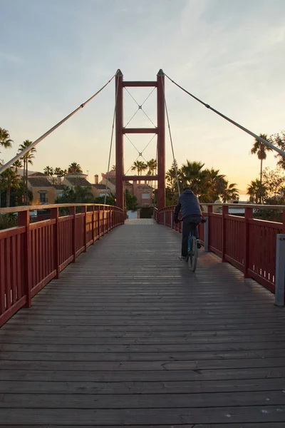 Vista Trasera Del Hombre Caballo Bicicleta Puente Cit —  Fotos de Stock