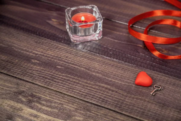 Preajuste Romántico Con Pequeño San Valentín Rojo Vela Cinta Una —  Fotos de Stock