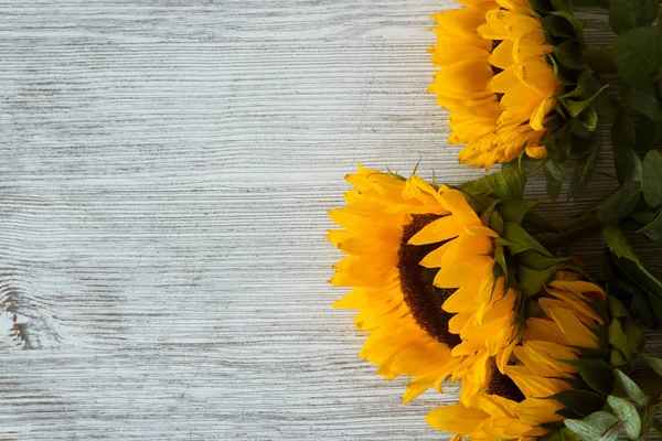 Drei Sonnenblumen Auf Altem Holzgrund — Stockfoto