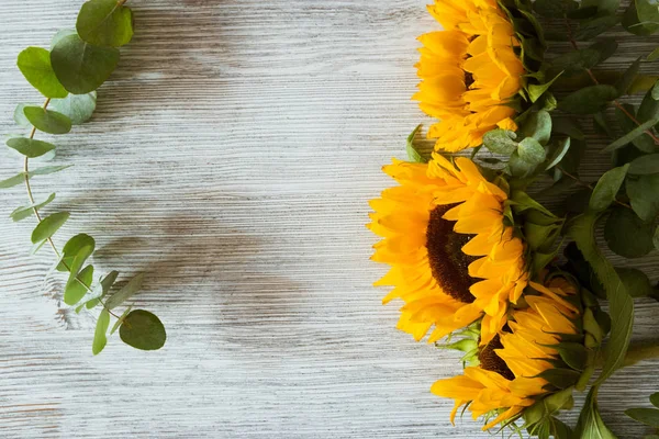 Drei Sonnenblumen Auf Altem Holzgrund — Stockfoto