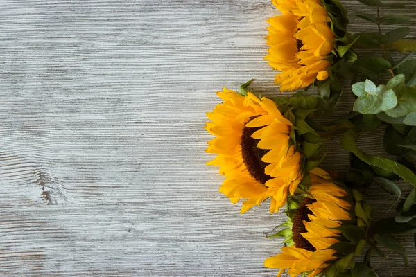 Drei Sonnenblumen Auf Altem Holzgrund — Stockfoto