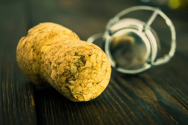 Corcho Del Vino Espumoso Sobre Superficie Madera —  Fotos de Stock