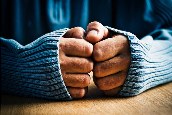 Замороженные руки старика, спрятанные в рукавах свитеров
