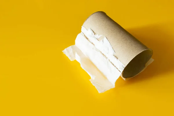 Eine Fertige Toilettenpapierrolle Auf Gelbem Hintergrund — Stockfoto