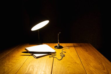 Not defteri ve kalem, masa lambasının ışığında, ahşap bir masada.