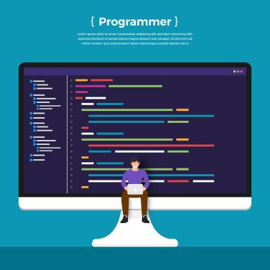 Düz tasarım kavramı programcı program kodlama. Vektör göstermek.