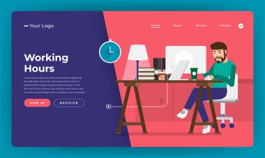 Mock-up tasarım Web sitesi düz tasarım kavramı çalışma saat çalışan office yerde. Vektör çizim.