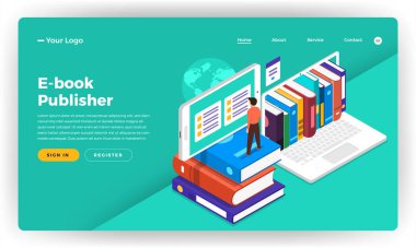Mock-up tasarım Web sitesi düz tasarım kavramı eğitim E-kitap, e-öğrenme, dijital. Vektör çizim.
