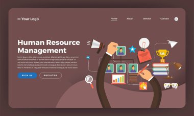 Mock-up tasarım Web sitesi düz tasarım kavramı dijital pazarlama. İnsan kaynakları yönetimi. Vektör çizim.