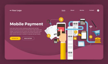 Mock-up tasarım Web sitesi düz tasarım kavramı dijital pazarlama. Mobil ödeme. Vektör çizim.