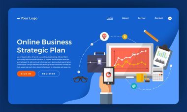 Mock-up tasarım Web sitesi düz tasarım kavramı dijital pazarlama. Online iş stratejik plan. Vektör çizim.