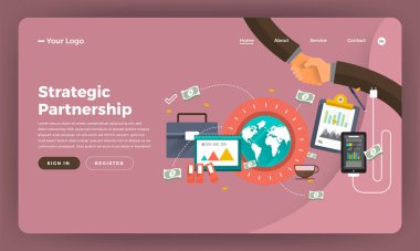 Mock-up tasarım Web sitesi düz tasarım kavramı dijital pazarlama. Stratejik ortaklık. Vektör çizim.