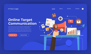 Mock-up tasarım Web sitesi düz tasarım kavramı dijital pazarlama. Online hedef iletişim. Vektör çizim.