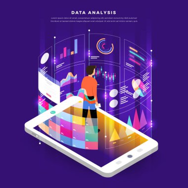 Mock-up tasarım Web sitesi düz tasarım kavramı dijital pazarlama veri analizi ile graph grafiği. Vektör çizim.