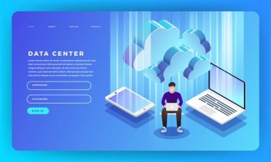 Bilgileri barındıran mock-up tasarım Web sitesi düz tasarım kavramı sunucusu. Vektör çizim.
