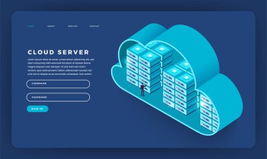 Teknoloji kullanıcılar ağ yapılandırma izometrik mock-up tasarım Web sitesi düz tasarım kavramı bulut. Vektör çizim.