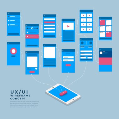 UX UI akış şeması. Mobil uygulama konsepti izometrik düz tasarım. Vektör illüstrasyonu.