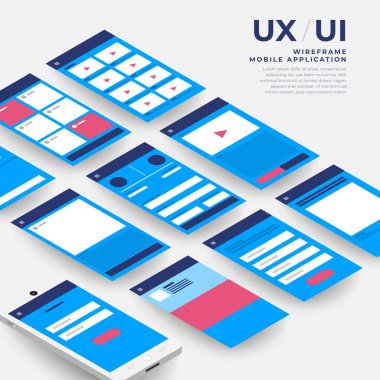 UX UI akış şeması. Mobil uygulama konsepti izometrik düz tasarım. Vektör illüstrasyonu.
