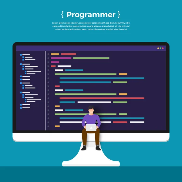 Flat Design Concept Programmer Coding Program Vector Illustrate — Stock Vector