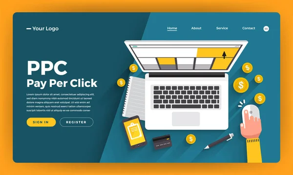 Mock Design Website Flat Design Concept Ppc Pay Click Vektorillustration — Stockvektor