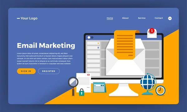 Diseño Simulado Sitio Web Concepto Diseño Plano Marketing Digital Email — Archivo Imágenes Vectoriales