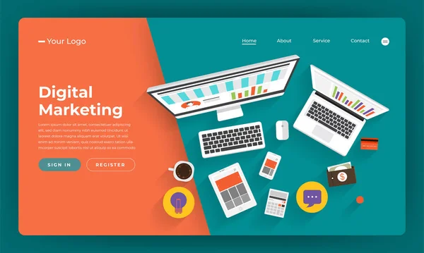 Mock Ontwerp Website Plat Ontwerp Concept Digitale Marketing Online Bedrijf — Stockvector