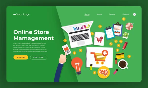 Mock Design Website Flat Design Concept Online Store Management Ilustração —  Vetores de Stock